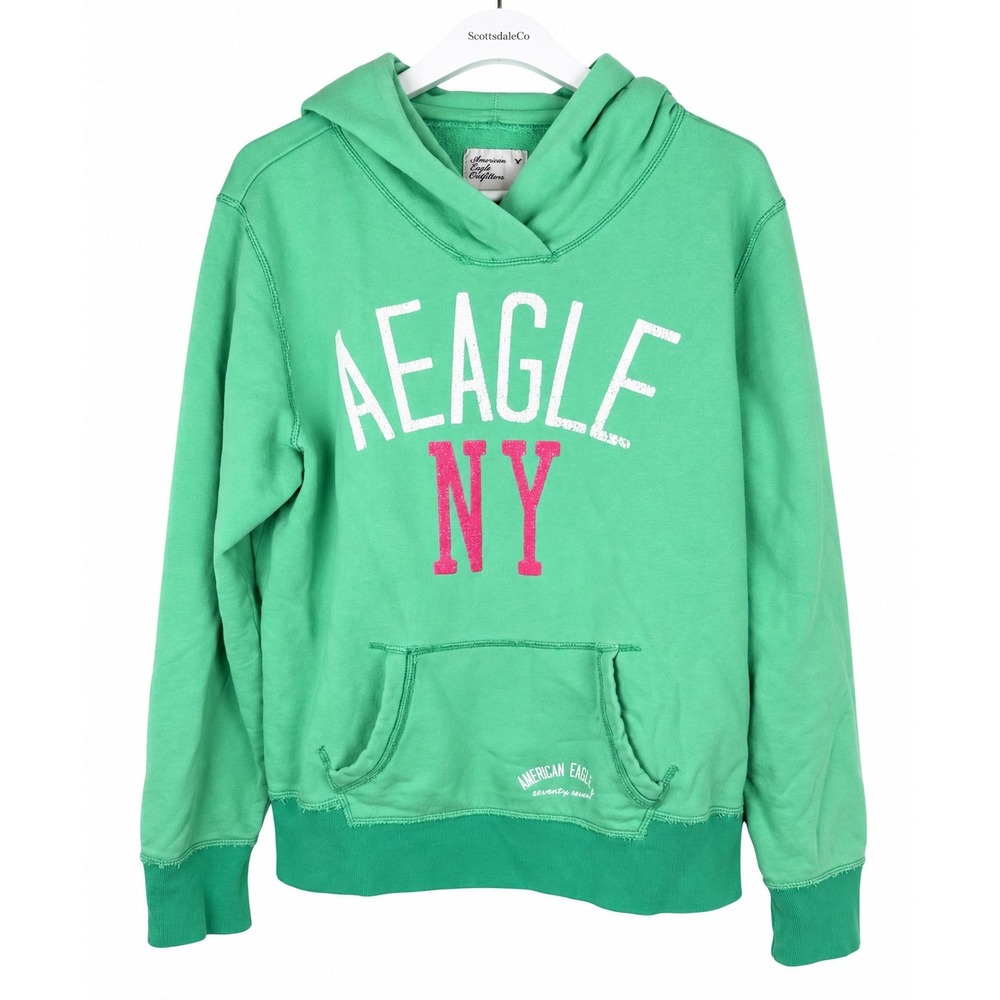 American Eagle Outfitters Hoodie XL Green NY Graphic Distressed Y2K Pullover